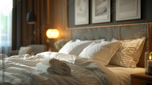 A meticulously arranged hotel bed in a five-star room with guest necessities such as a minibar, premium toiletries, and a welcome gift.