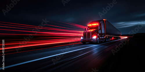 American semi-trailer truck speeding on a highway at night with red light trails