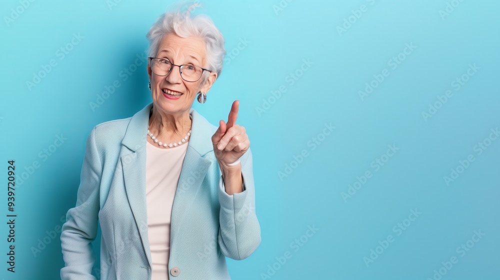 Happy pretty senior woman pointing finger to the side, presenting product on blue background Happy pretty senior woman pointing finger to the side, presenting product on blue background