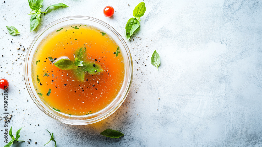 Soup in a glass bowl with gently floating ingredients Soup in a glass bowl with gently floating ingredients