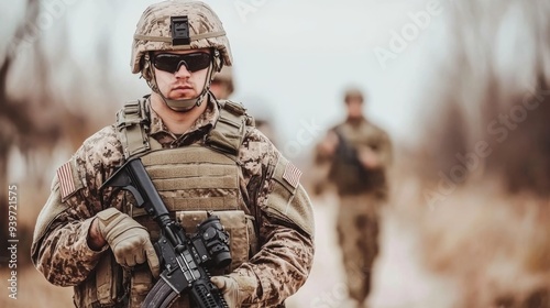 A close-up view of infantry soldiers moving forward with weapons raised in a defensive formation