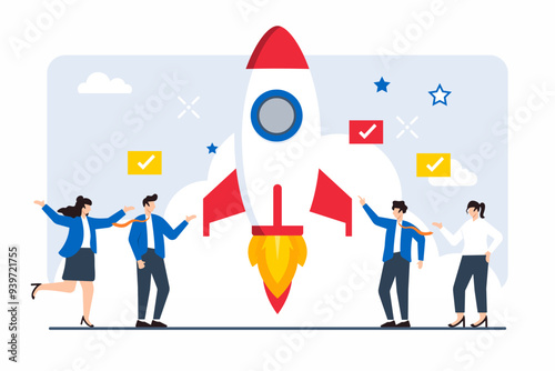 Flat illustration of professionals collaborating to launch new project with rocket symbolizing growth