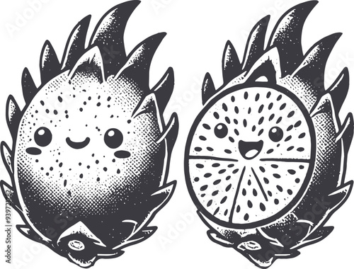 Grunge-Style Dragonfruit Smiling Fruit Character with Texture, Rough Hand-Drawn with Grainy Print Effect.