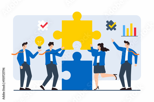 Flat illustration of team lifting giant puzzle piece to complete strategic business solution