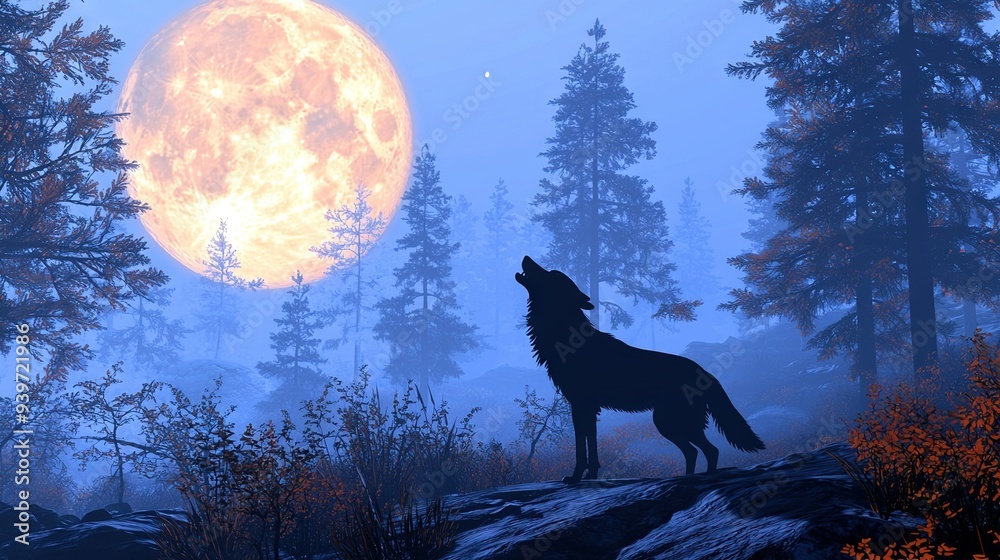 A wolf atop a hill, gazing at the full moon amidst forested surroundings A wolf atop a hill, gazing at the full moon amidst forested surroundings