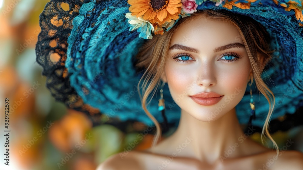 Naklejka premium A captivating close-up portrait of a young woman with striking blue eyes, wearing a colorful floral hat, and exuding an aura of natural beauty