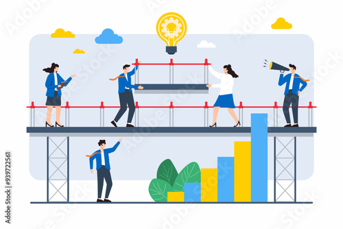 Flat illustration of team members constructing bridge to connect two business goals