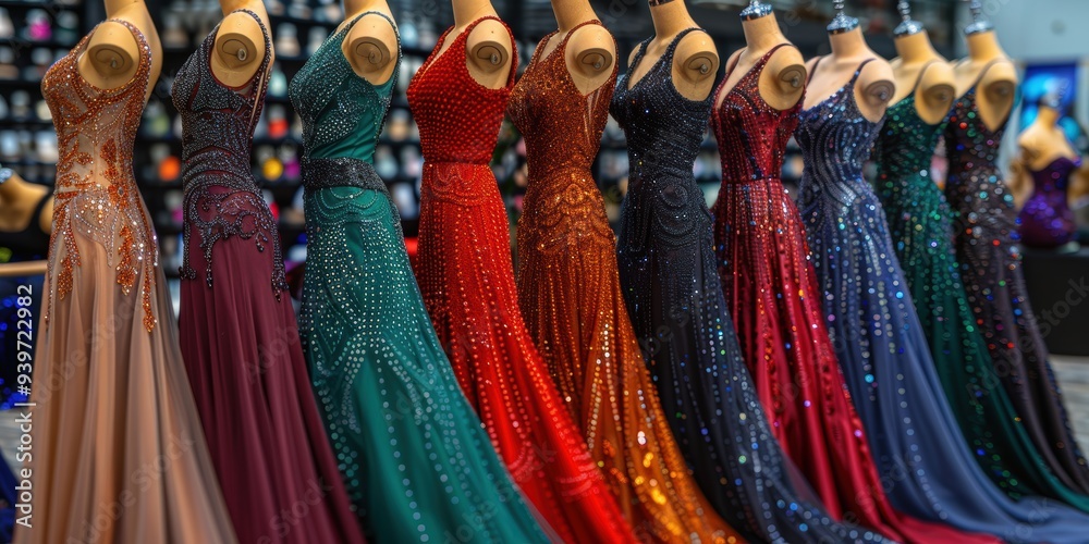 Obraz premium A vibrant display of elegant evening dresses in various colors and intricate designs lined up on mannequins in a fashion boutique setting