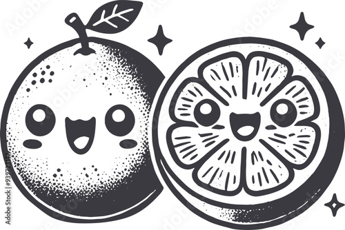 Grunge-Style Orange Smiling Fruit Character with Texture, Rough Hand-Drawn with Grainy Print Effect.