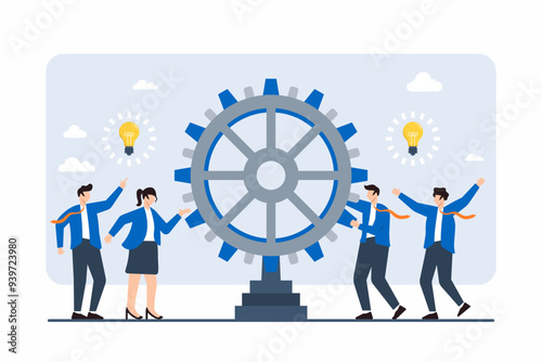 Flat illustration of employees steering giant cogwheel, symbolizing driving innovation and progress