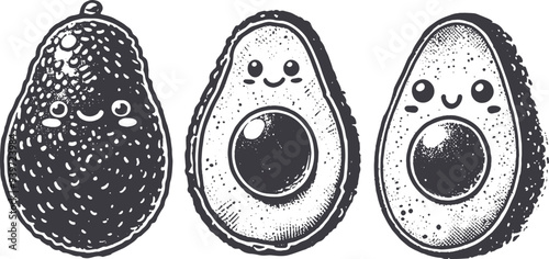 Grunge-Style Avocado Smiling Fruit Character with Texture, Rough Hand-Drawn with Grainy Print Effect.