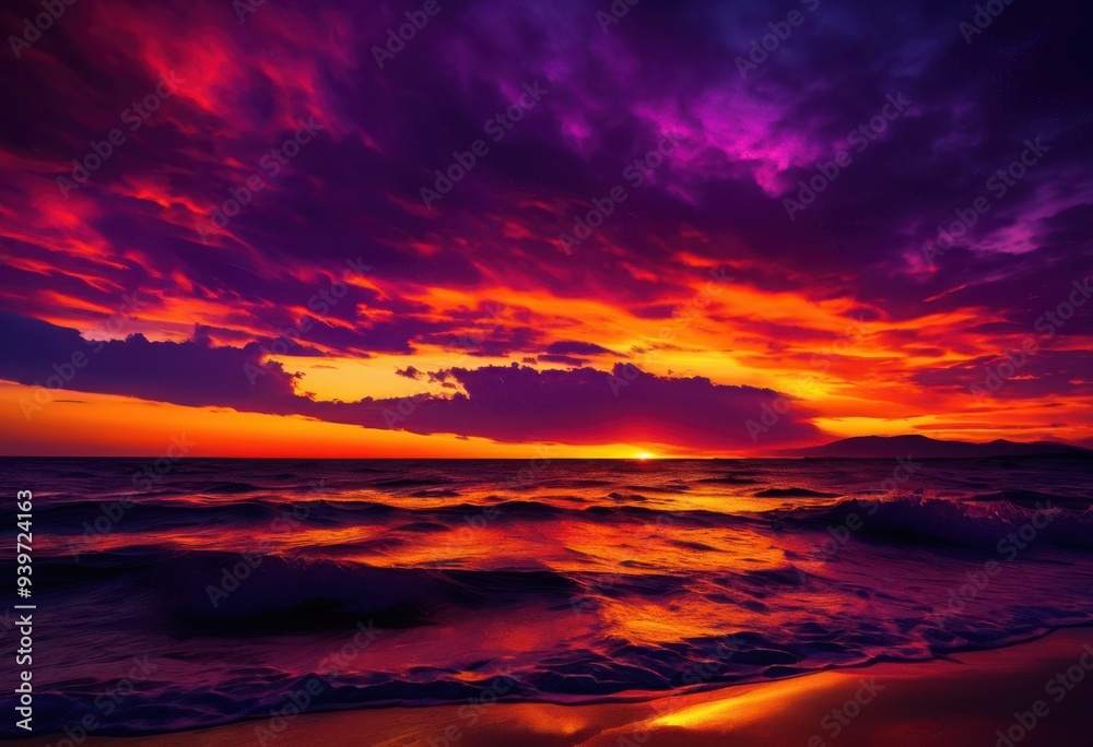 Fototapeta premium vivid outlines vibrant sunset horizon showcasing dramatic colors striking forms, sky, orange, pink, blue, yellow, gradient, clouds, light, shadows, landscape