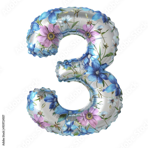 blue white color metallic flower 3 number balloon Realistic 3D on white background. Generative ai