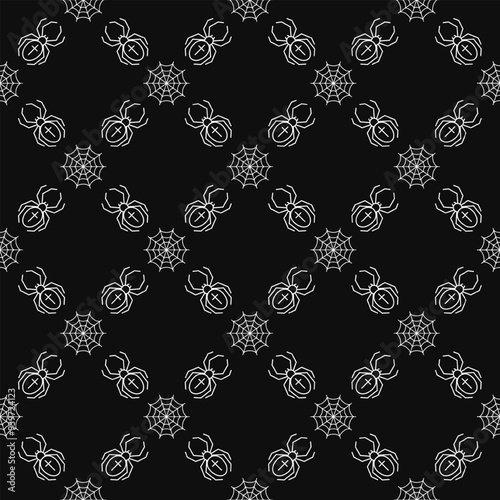 Geometric Halloween pattern with square grid with icons of spider cross, spider web on black background. Classic grid pattern. Simple outline illustrations