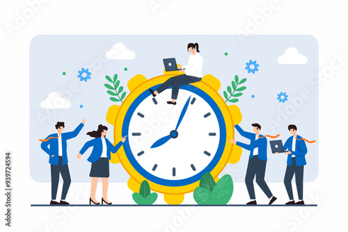 Flat illustration of colleagues with giant clock cogwheel, symbolizing time management and efficiency
