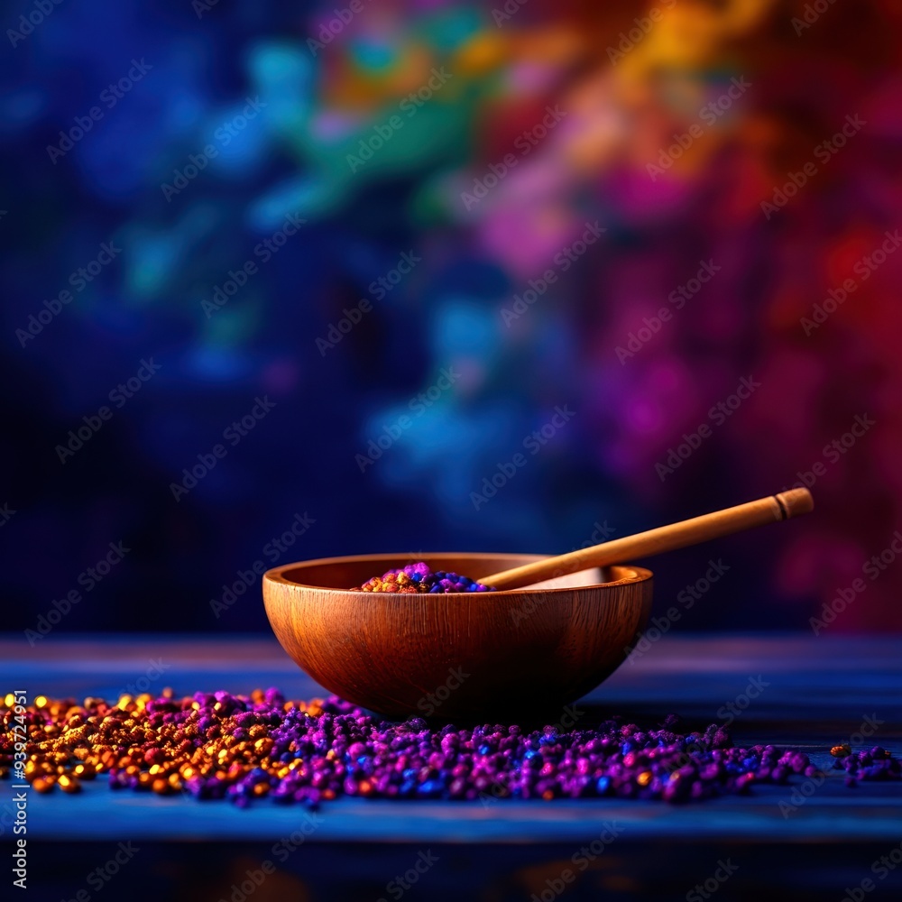 Wooden bowl with a spoon containing colorful spices against a vibrant background, emphasizing culinary art and creativity.