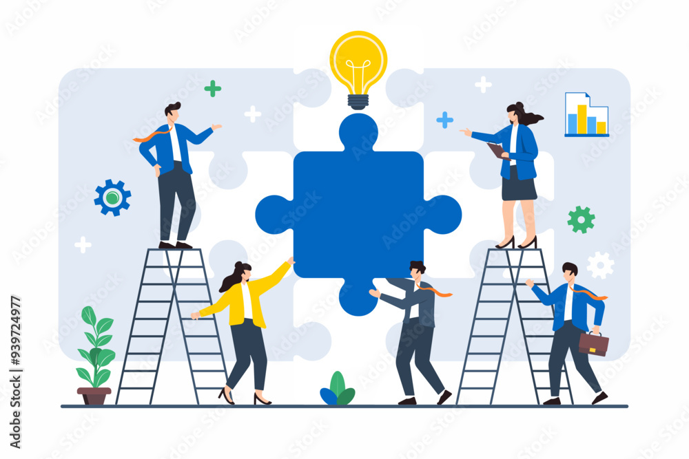 © VZ_Art - Flat illustration of team guiding large puzzle piece into place, symbolizing completing business strategy