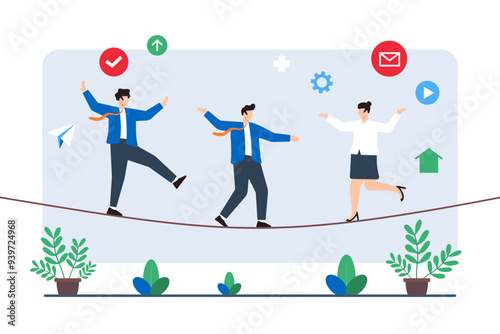 Flat illustration of professionals balancing on tightrope, symbolizing risk management