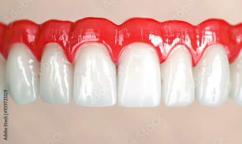 Straight on view color photograph of a row of perfectly aligned red teeth.