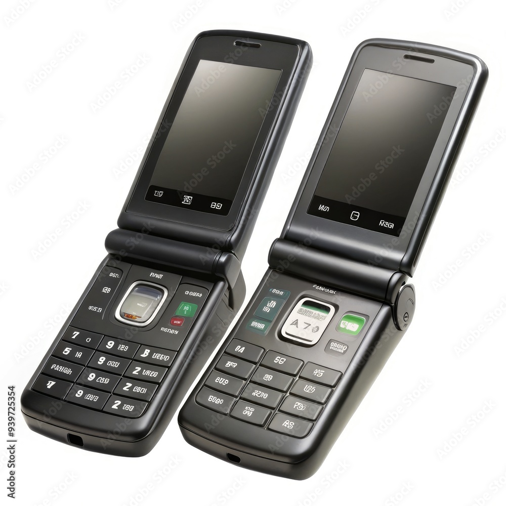 Two black flip phones with square screens displayed on a standard scale. Generative AI Two black flip phones with square screens displayed on a standard scale. Generative AI