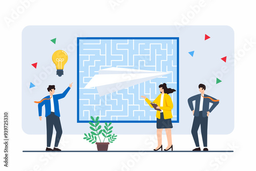 Flat illustration of colleagues guiding paper plane through maze, symbolizing navigating complex business environments