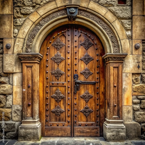 An ancient wooden door ajar in a stone archway, adorned with intricate designs