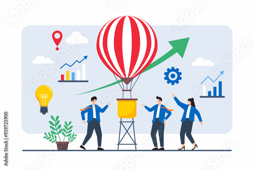 Flat illustration of team launching hot air balloon, representing business growth and expansion
