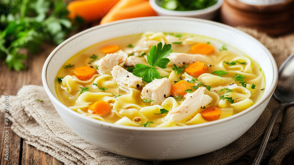 Chicken noodle soup in a dish with visible chicken, noodles, and vegetables Chicken noodle soup in a dish with visible chicken, noodles, and vegetables