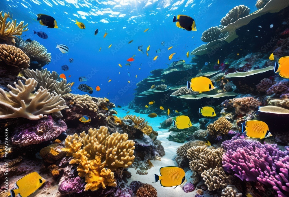 Fototapeta premium vibrant coral reef showcasing diverse underwater ecosystem colorful coral marine life, fish, diversity, ocean, habitat, sea, aquatic, nature, environment