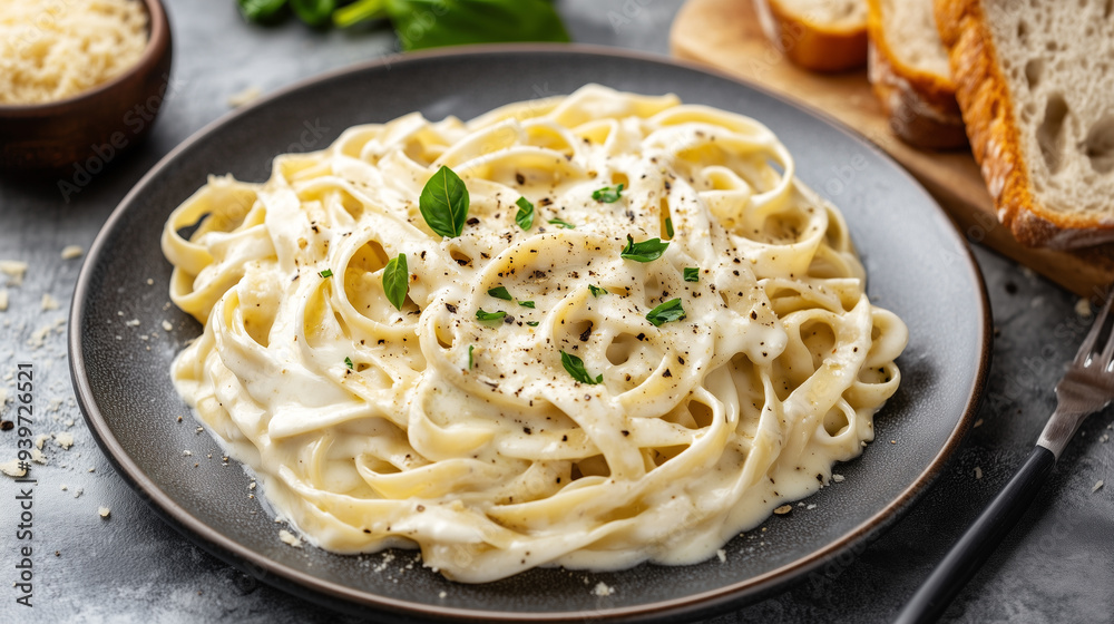 Fettuccine pasta with Alfredo sauce served with garlic bread on the side Fettuccine pasta with Alfredo sauce served with garlic bread on the side