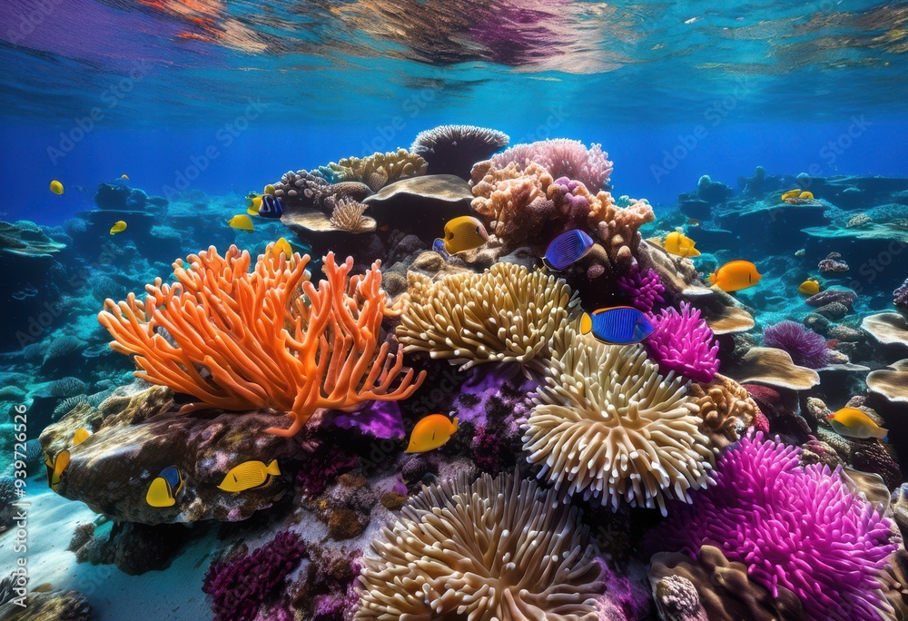 Obraz premium vibrant coral reefs filled colorful marine species lively underwater ecosystem, aquatic, biodiversity, fish, anemone, seaweed, ocean, habitat, tropical