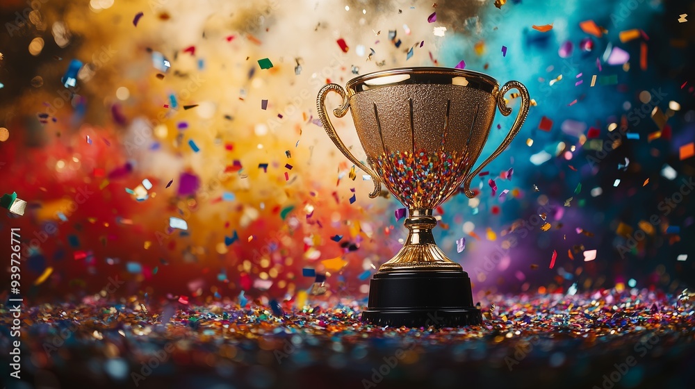 A golden trophy stands on a black base, surrounded by colorful confetti against a vibrant background. The trophy symbolizes achievement and victory, capturing the essence of celebration and success. A golden trophy stands on a black base, surrounded by colorful confetti against a vibrant background. The trophy symbolizes achievement and victory, capturing the essence of celebration and success.