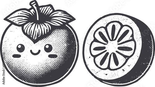 Grunge-Style Persimmon Smiling Fruit Character with Texture, Rough Hand-Drawn with Grainy Print Effect.