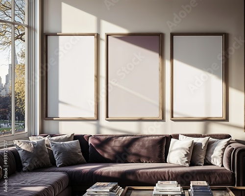 Modern interiors, living room, empty large painting with light wooden frame over the couch