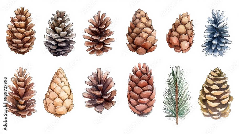 Pine cones set. White background. Watercolor illustrations Pine cones set. White background. Watercolor illustrations