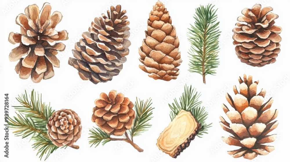 Pine cones set. White background. Watercolor illustrations Pine cones set. White background. Watercolor illustrations