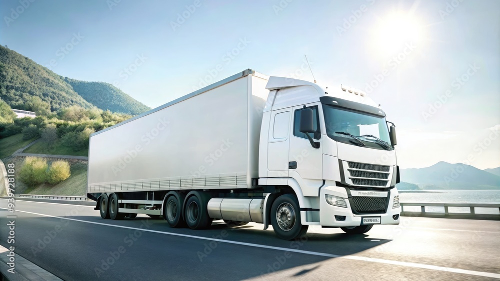 White truck driving along scenic highway with mountains in background. Generative AI White truck driving along scenic highway with mountains in background. Generative AI