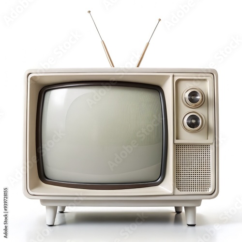 Classic white television set in front view with antennas displayed clearly. Generative AI