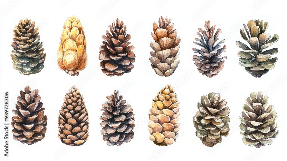 Pine cones set. White background. Watercolor illustrations Pine cones set. White background. Watercolor illustrations