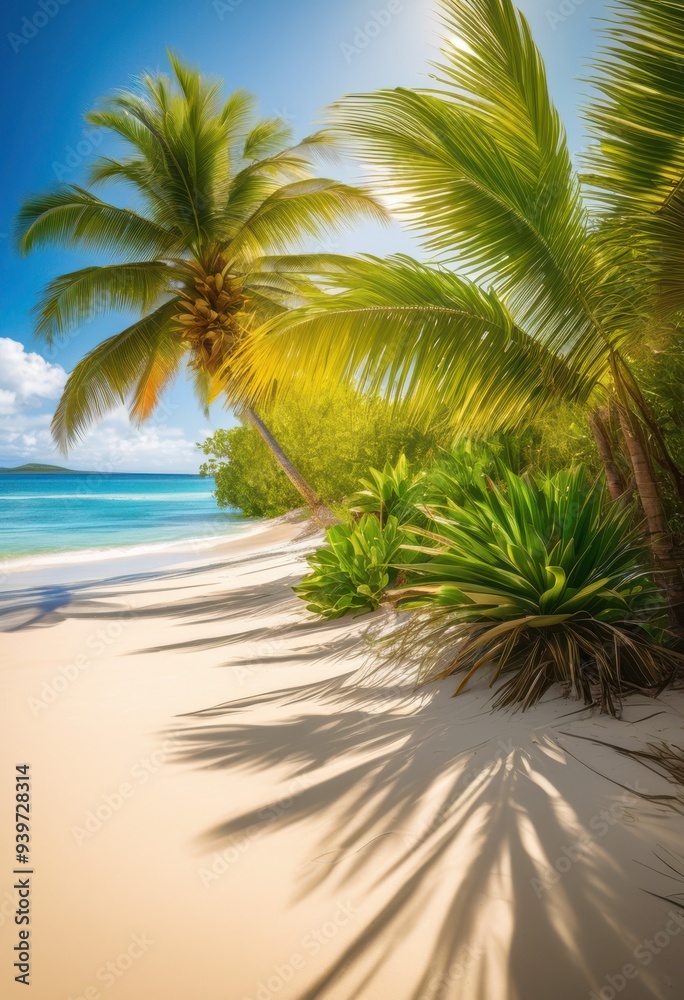 Fototapeta premium lush green plants surrounded bright sunlit sandy beaches creating serene tropical paradise, coast, nature, landscape, vibrant, flora, summer, outdoor