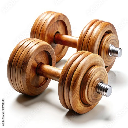 Wooden dumbbells on a white background showcasing standard fitness equipment. Generative AI