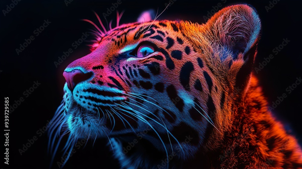 Bright neon lights highlight the fierce yet cute tiger face Bright neon lights highlight the fierce yet cute tiger face