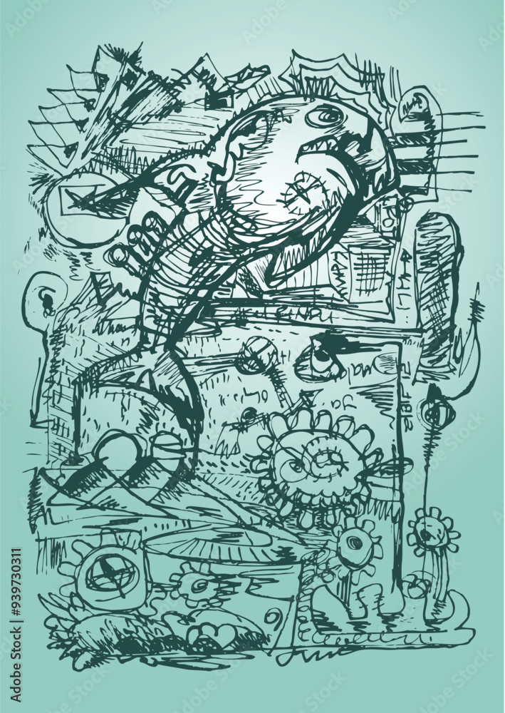 Obraz premium rough drawing with robotic theme hand draw illustration, in vector