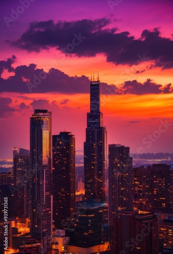 breathtaking sunset views featuring vibrant city skyline colorful horizon, landscape, light, cloud, beauty, architecture, twilight, dusk, scenery, silhouette