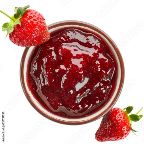 A bowl of homemade strawberry jam with two fresh strawberries on a white background. photo