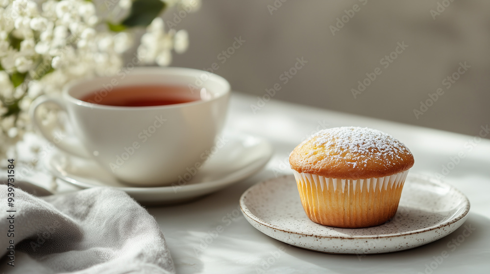 Single muffin on ceramic dish with tea cup Single muffin on ceramic dish with tea cup