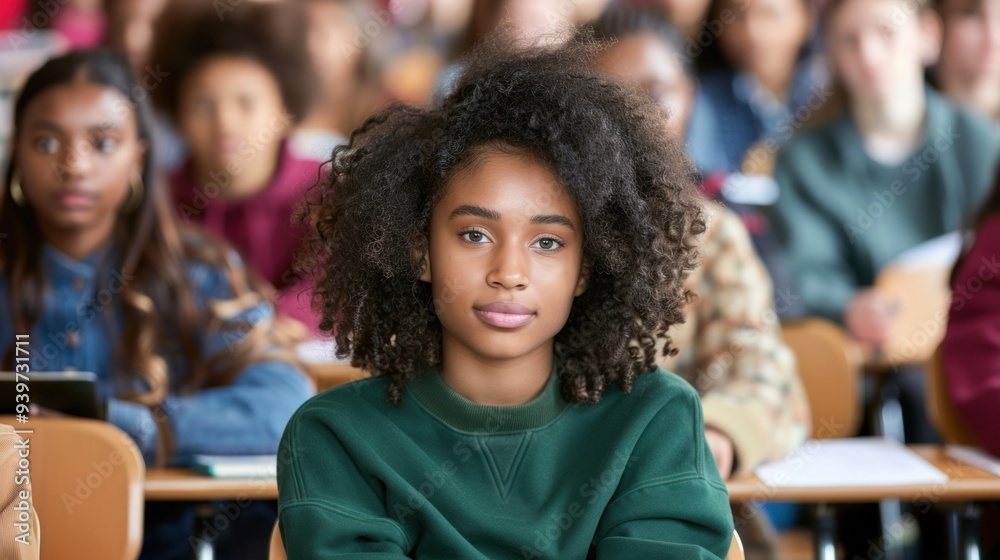 African American female student sitting in class. Against the backdrop of an auditorium filled with students. African American female student sitting in class. Against the backdrop of an auditorium filled with students.