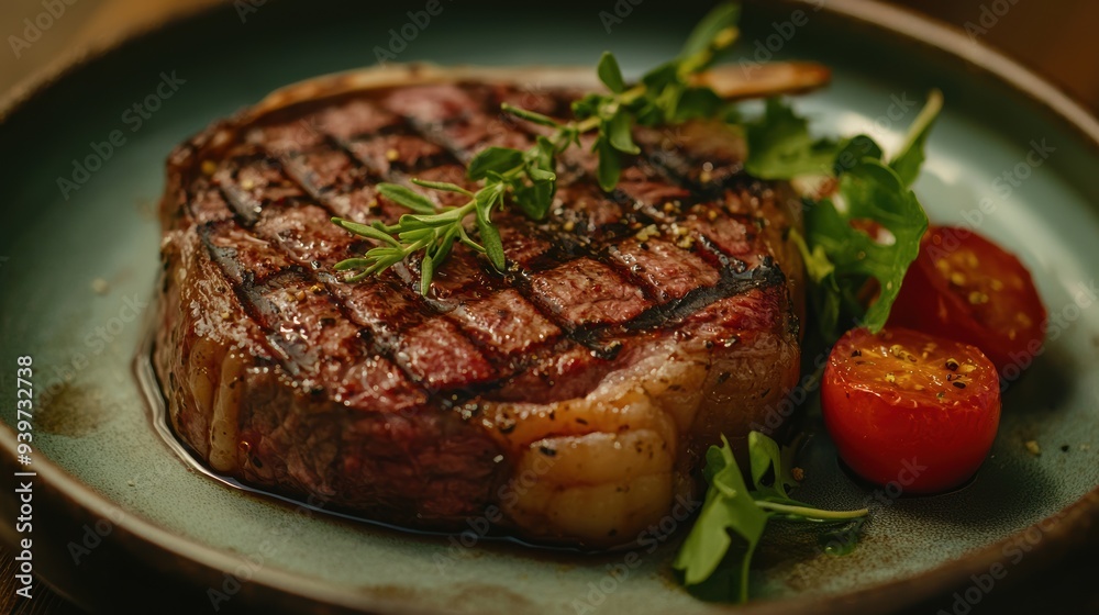 Sustainable Dining Delight: Close-Up of Cultured Meat Steak with Fresh Herbs and Veggies on Ceramic Plate Sustainable Dining Delight: Close-Up of Cultured Meat Steak with Fresh Herbs and Veggies on Ceramic Plate