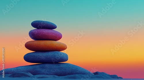 Rocks on a beach with sunset, pink-blue sky