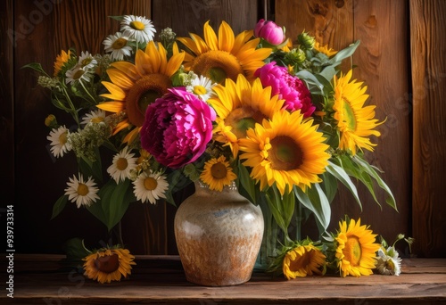 Wallpaper Mural lively floral arrangement featuring bright blooms rustic wooden background charming natural display, flowers, vibrant, colors, nature, design, bouquet, petals Torontodigital.ca